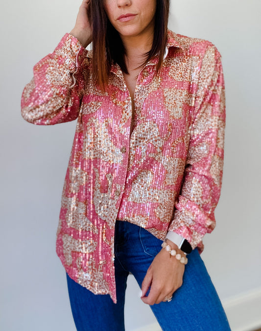 INSTOCK PINK CHEETAH Sequin Shirt