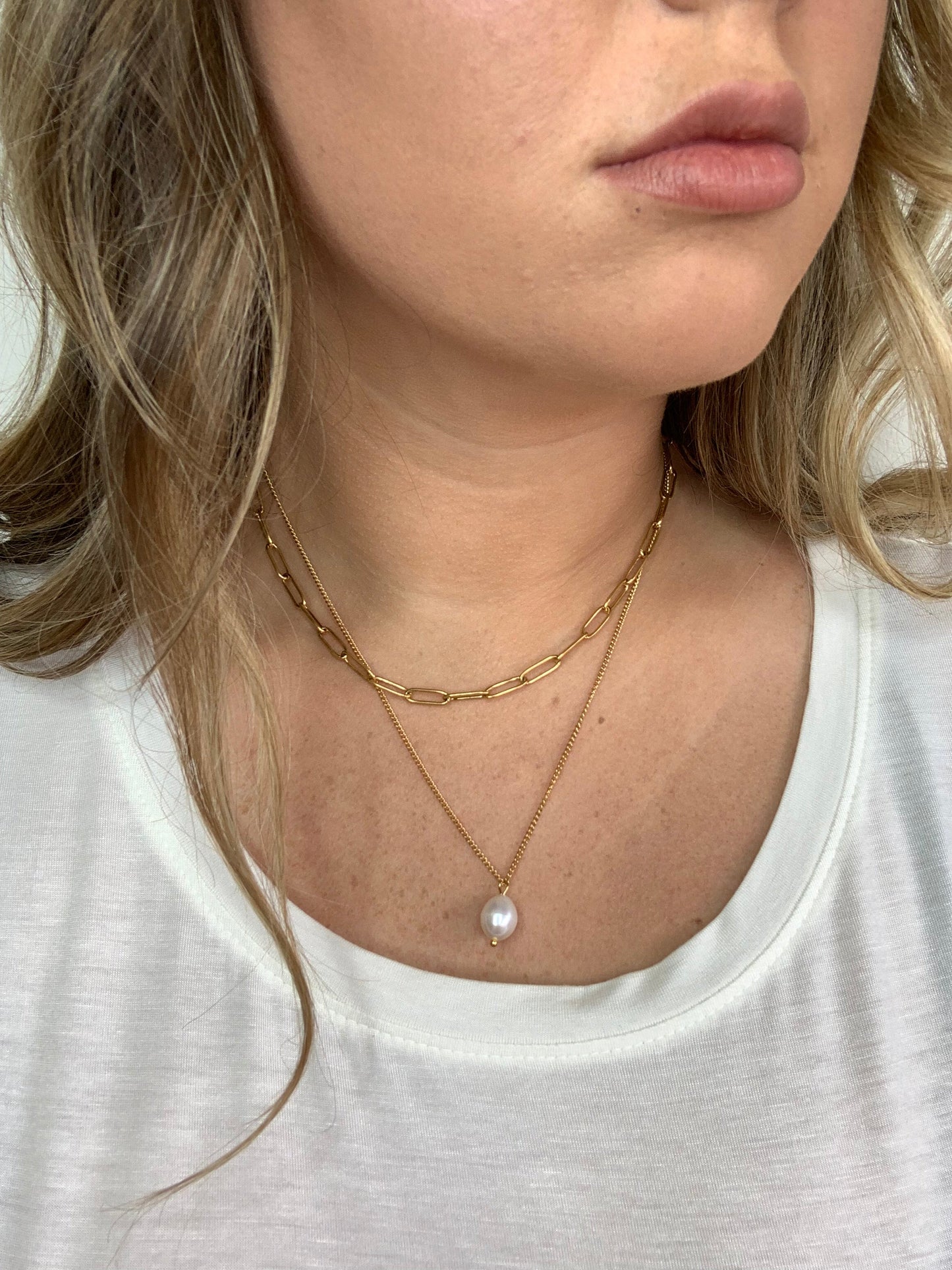 Double Layer with Fresh Water Pearl 18K Gold Plated Necklace Jewelry