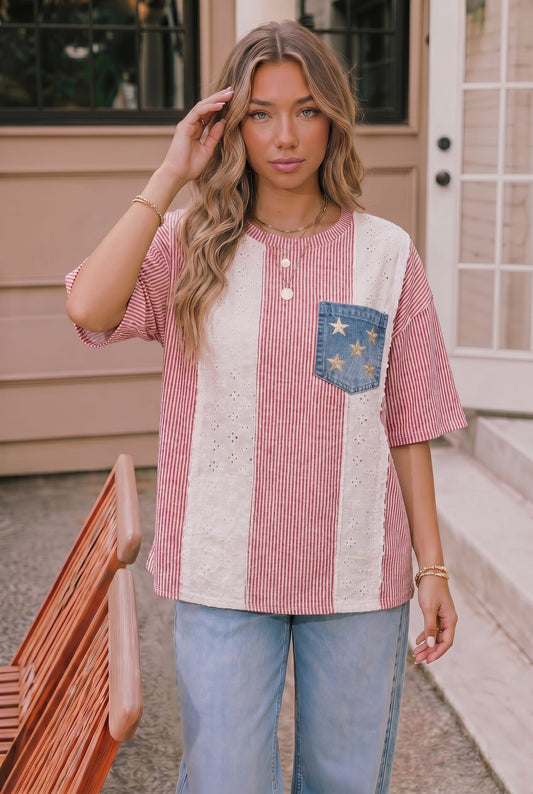 Stars and Stripes Eyelet Pocket Top