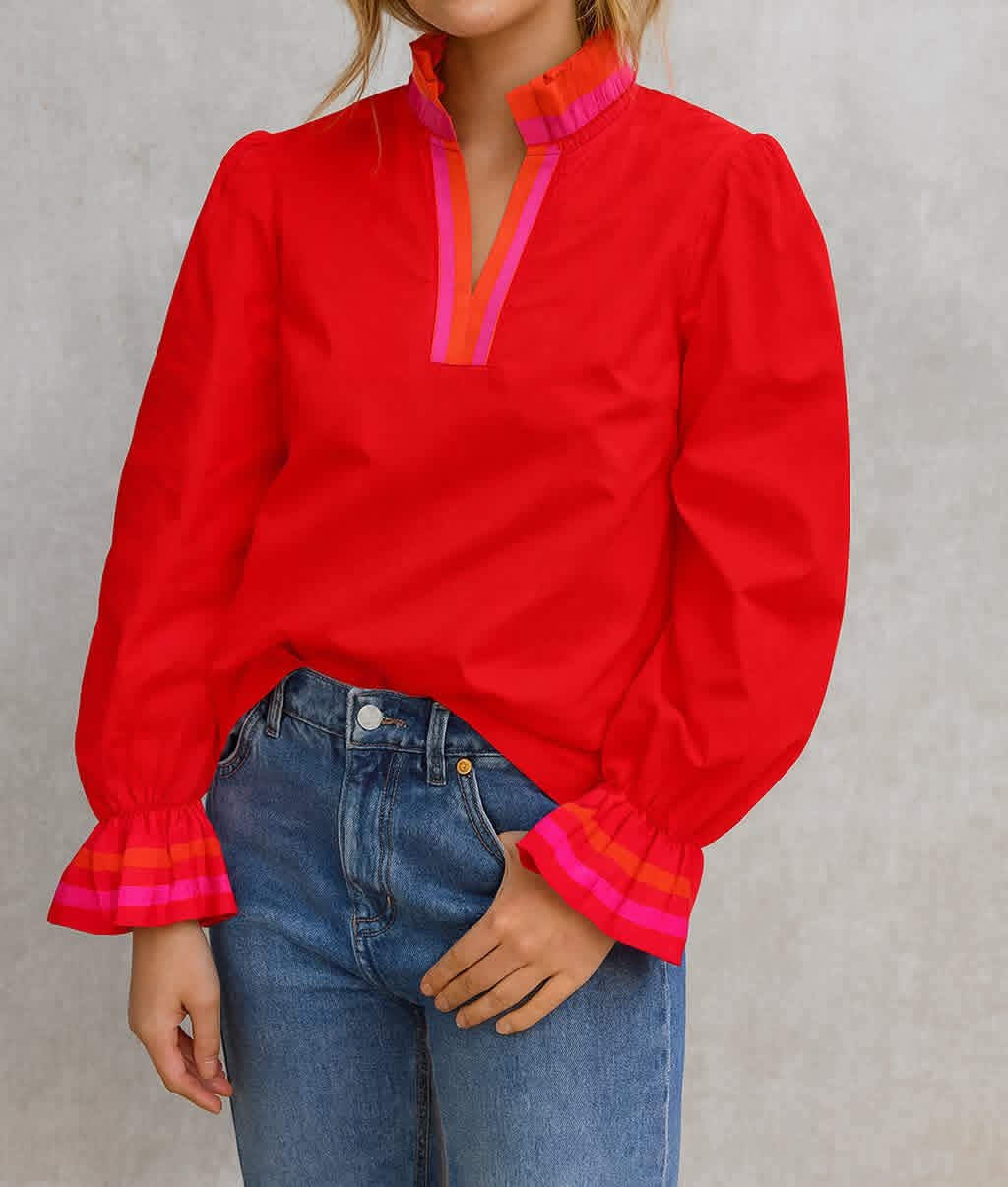 Red Striped Ruffle Blouse