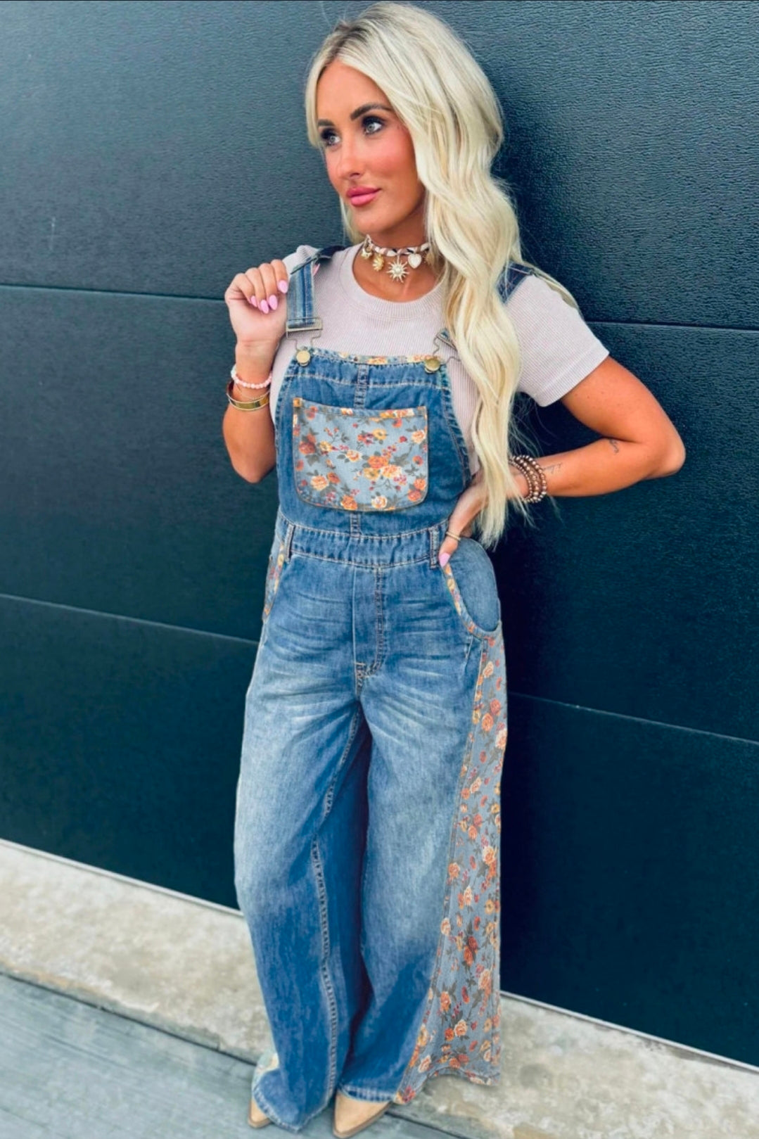 Peacock Blue Floral Patchwork Wide Leg Overalls