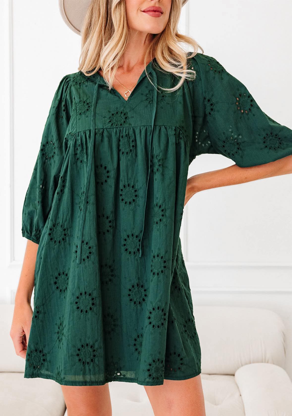 Green Eyelet Mini Dress