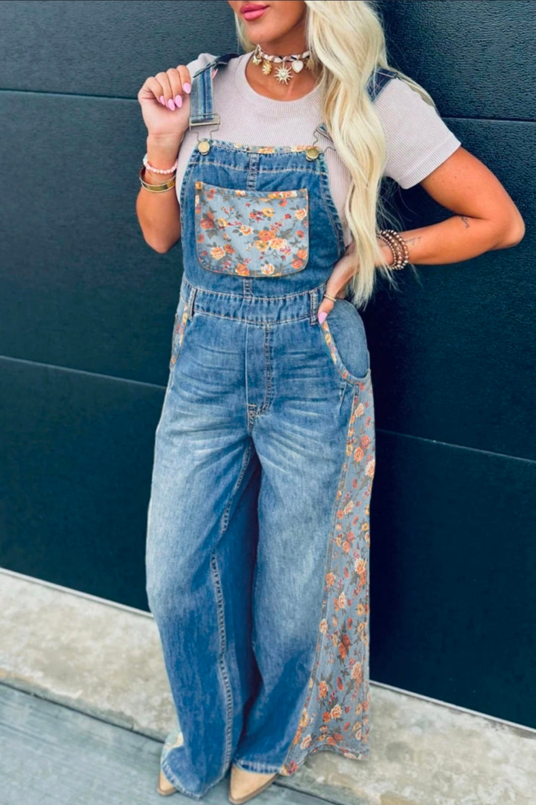 Peacock Blue Floral Patchwork Wide Leg Overalls