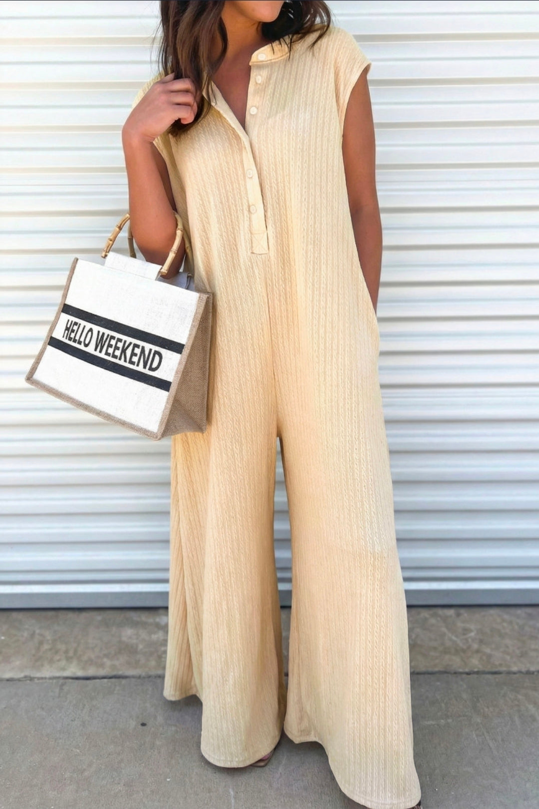 Jet Stream half Button Ribbed Wide Leg Jumpsuit