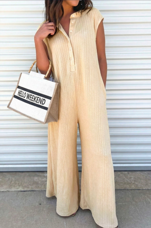 Jet Stream half Button Ribbed Wide Leg Jumpsuit