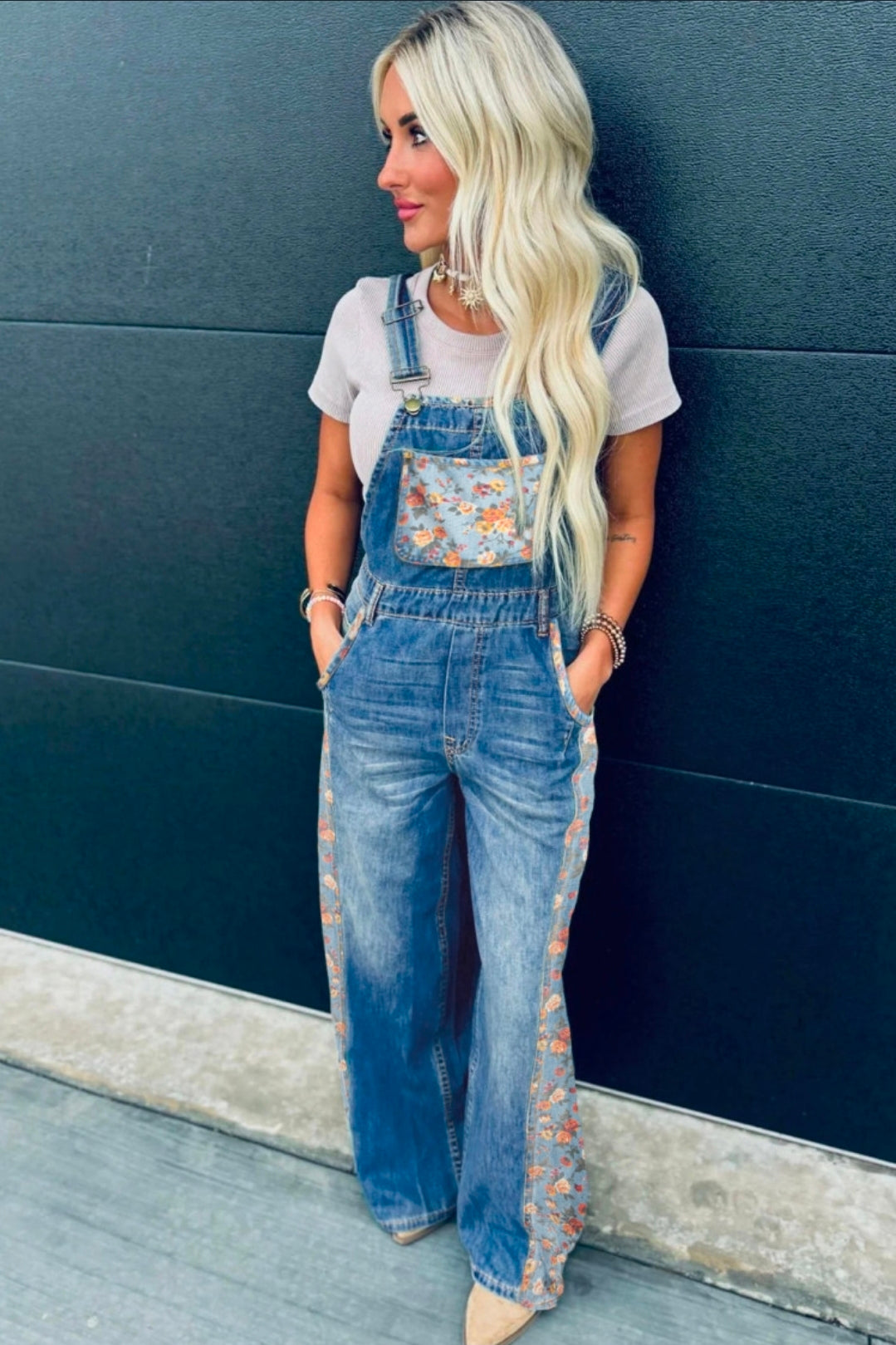 Peacock Blue Floral Patchwork Wide Leg Overalls
