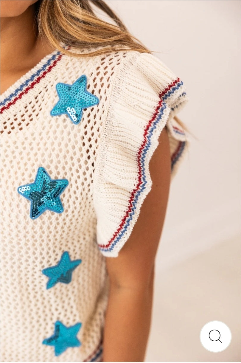 Knit Vest With Sequin Stars Patches