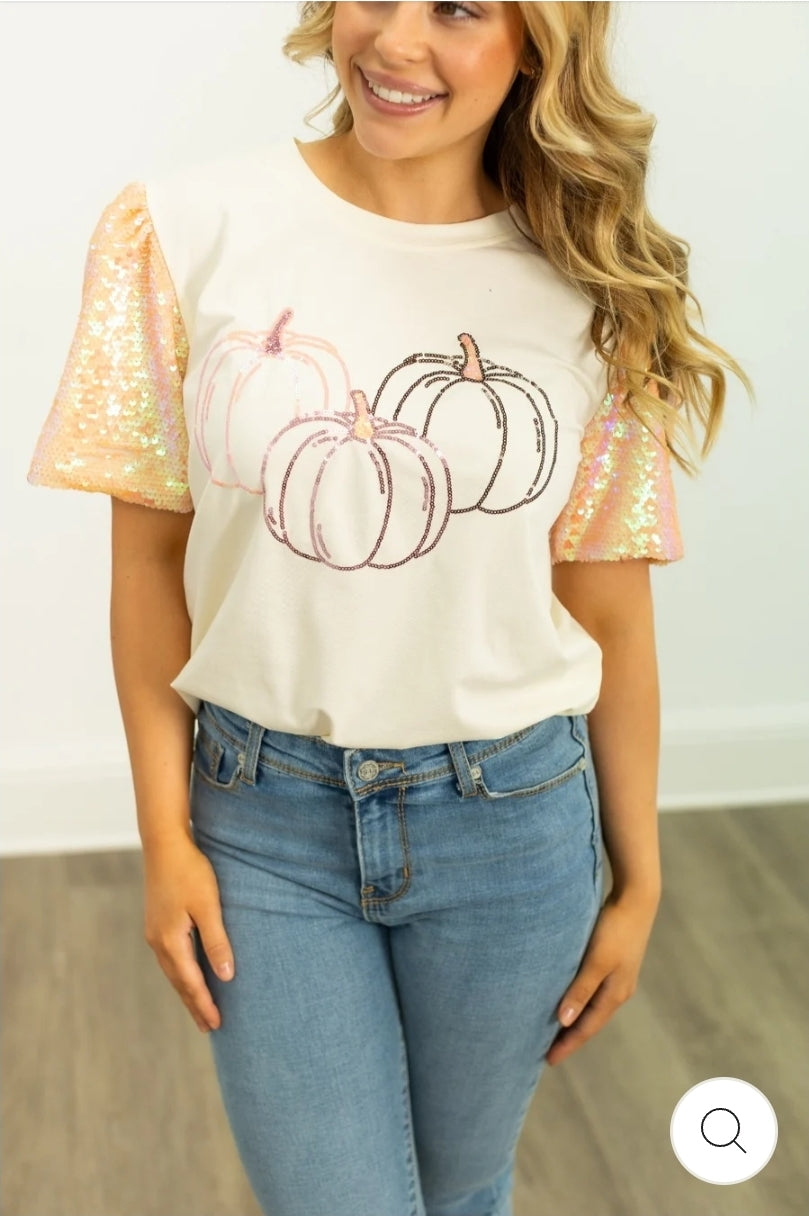 Trio Pumpkins on Princess Top, Cream