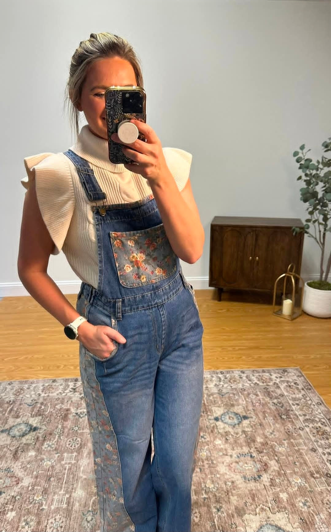Peacock Blue Floral Patchwork Wide Leg Overalls