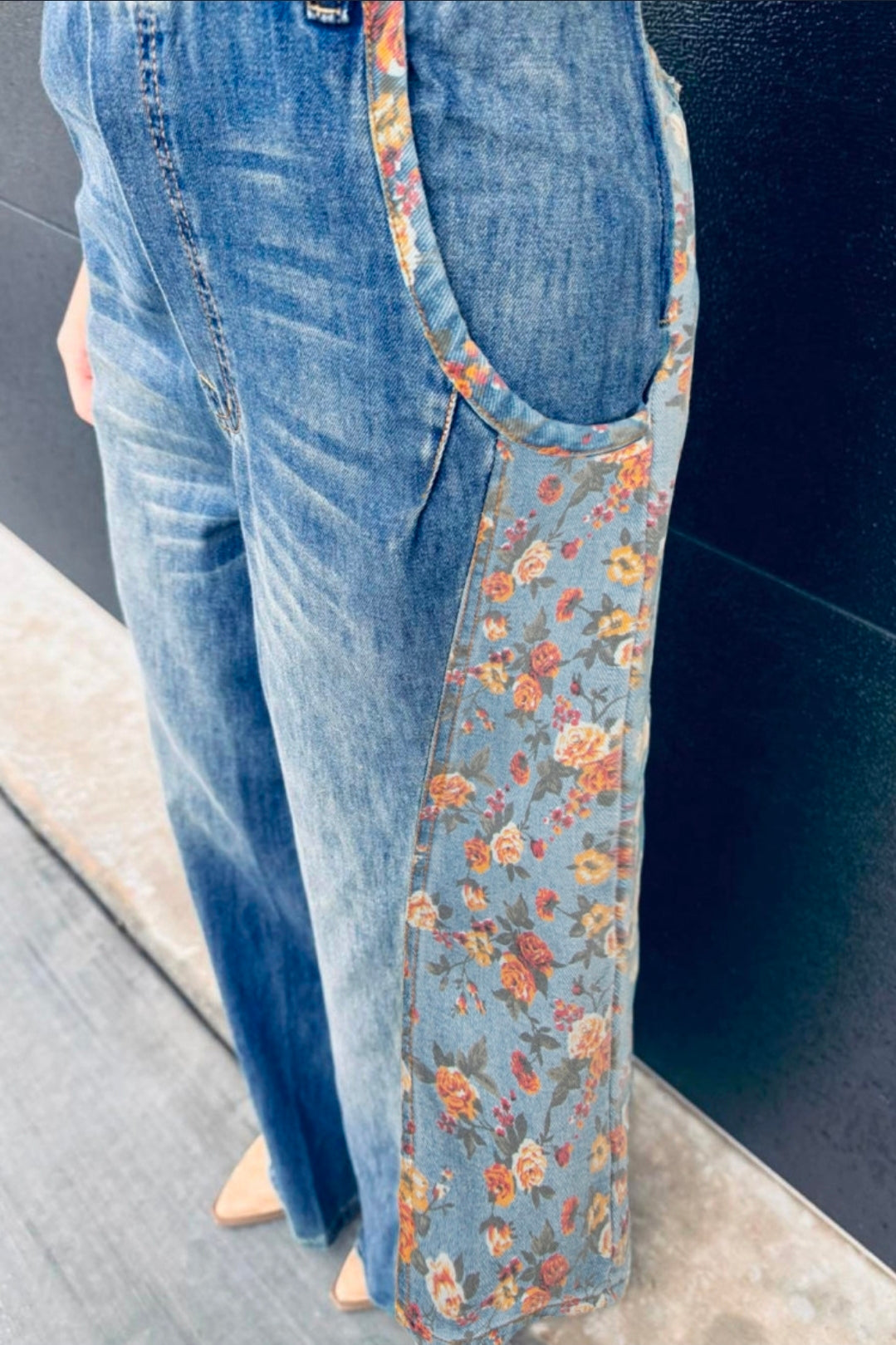 Peacock Blue Floral Patchwork Wide Leg Overalls