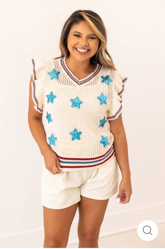 Knit Vest With Sequin Stars Patches