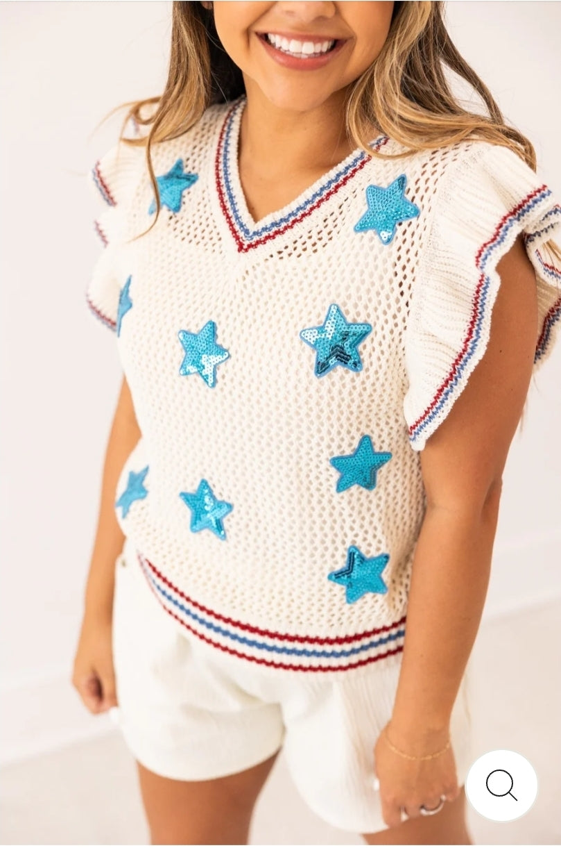 Knit Vest With Sequin Stars Patches