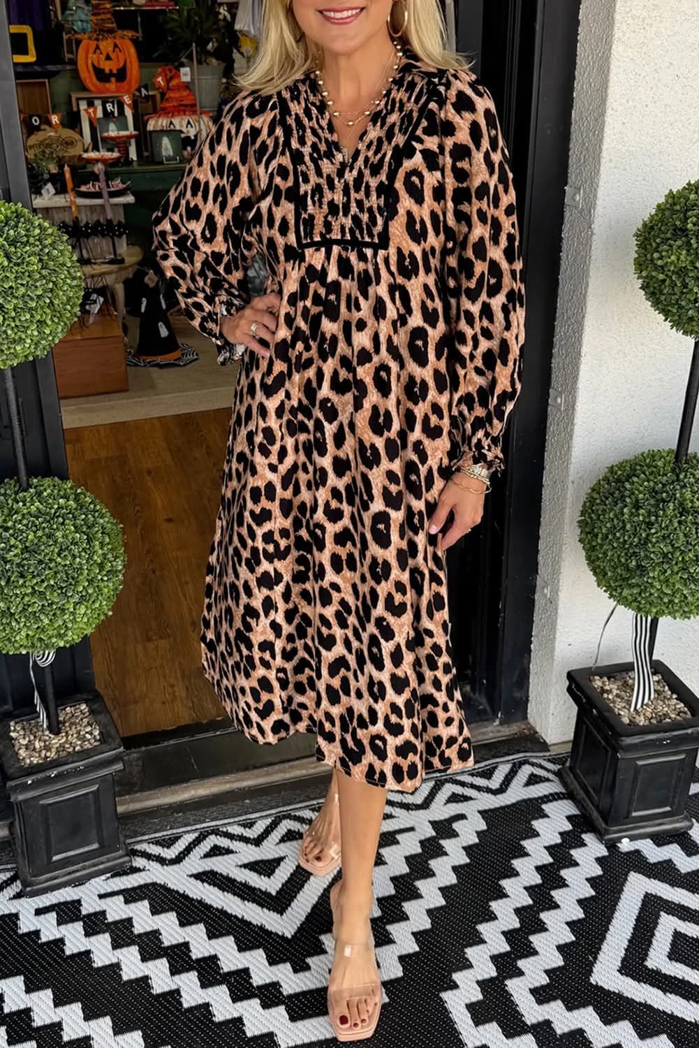 Leopard Smocked Midi Dress