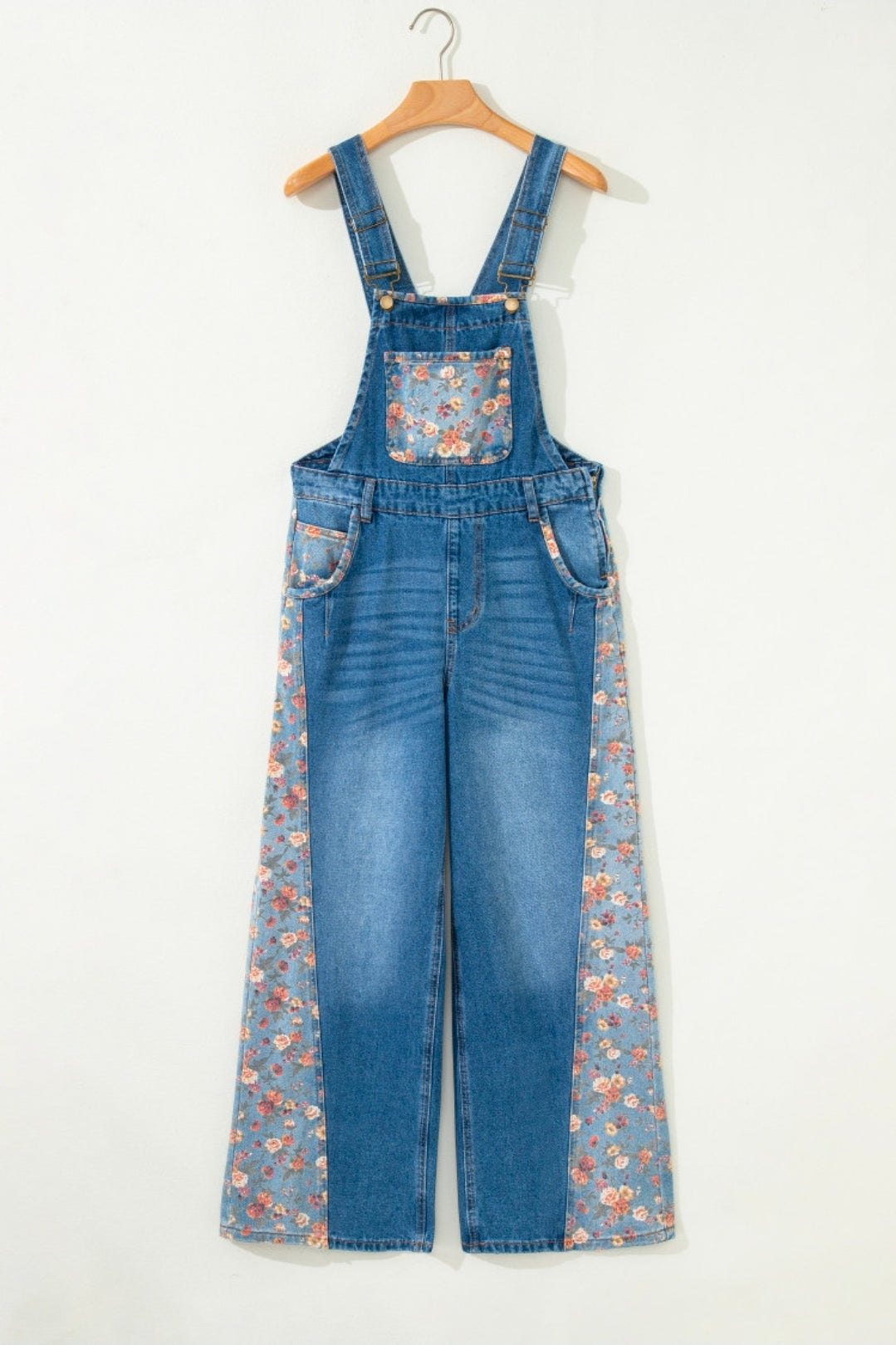 Peacock Blue Floral Patchwork Wide Leg Overalls
