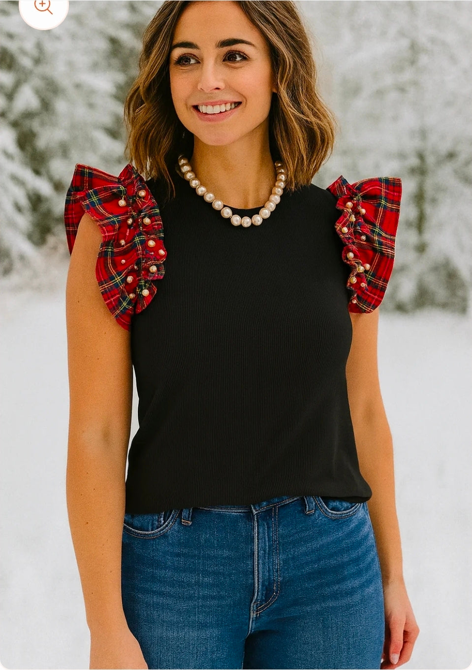 Plaid Pearl Ruffle Top