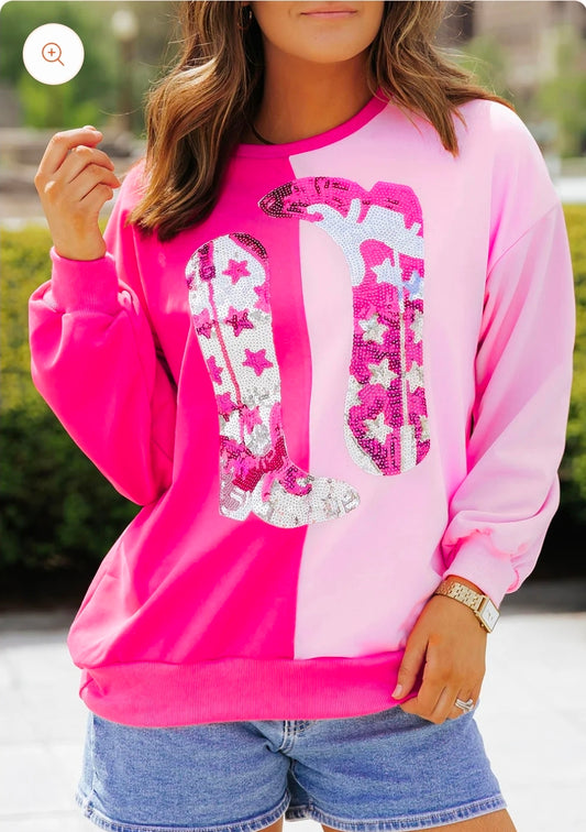 Pink Sequin Boots Sweatshirt
