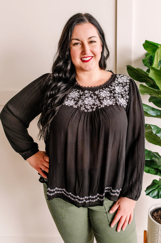 01.20 Savanna Jane Black Blouse With Floral Embroidery