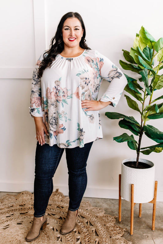 11.6 Ivory Floral Three-Quarter Sleeve Top With Button Detail